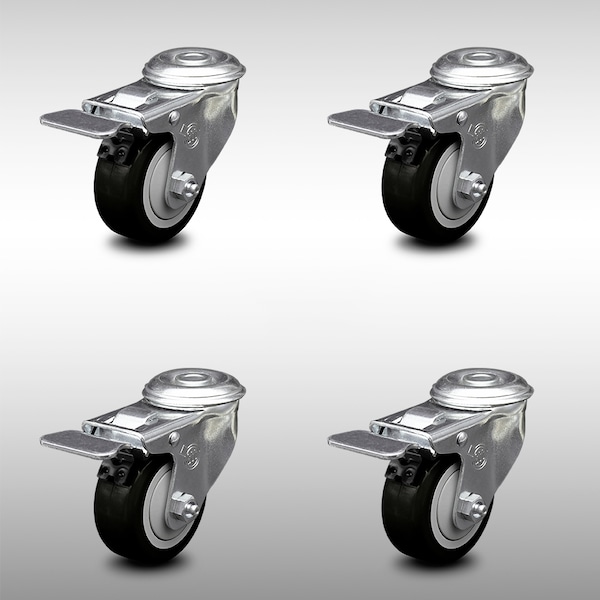 Service Caster 3.5 Inch SS Black Polyurethane Swivel Bolt Hole Caster Set with Total Lock Brake SCC-SSBHTTL20S3514-PPUB-BLK-4 - main
